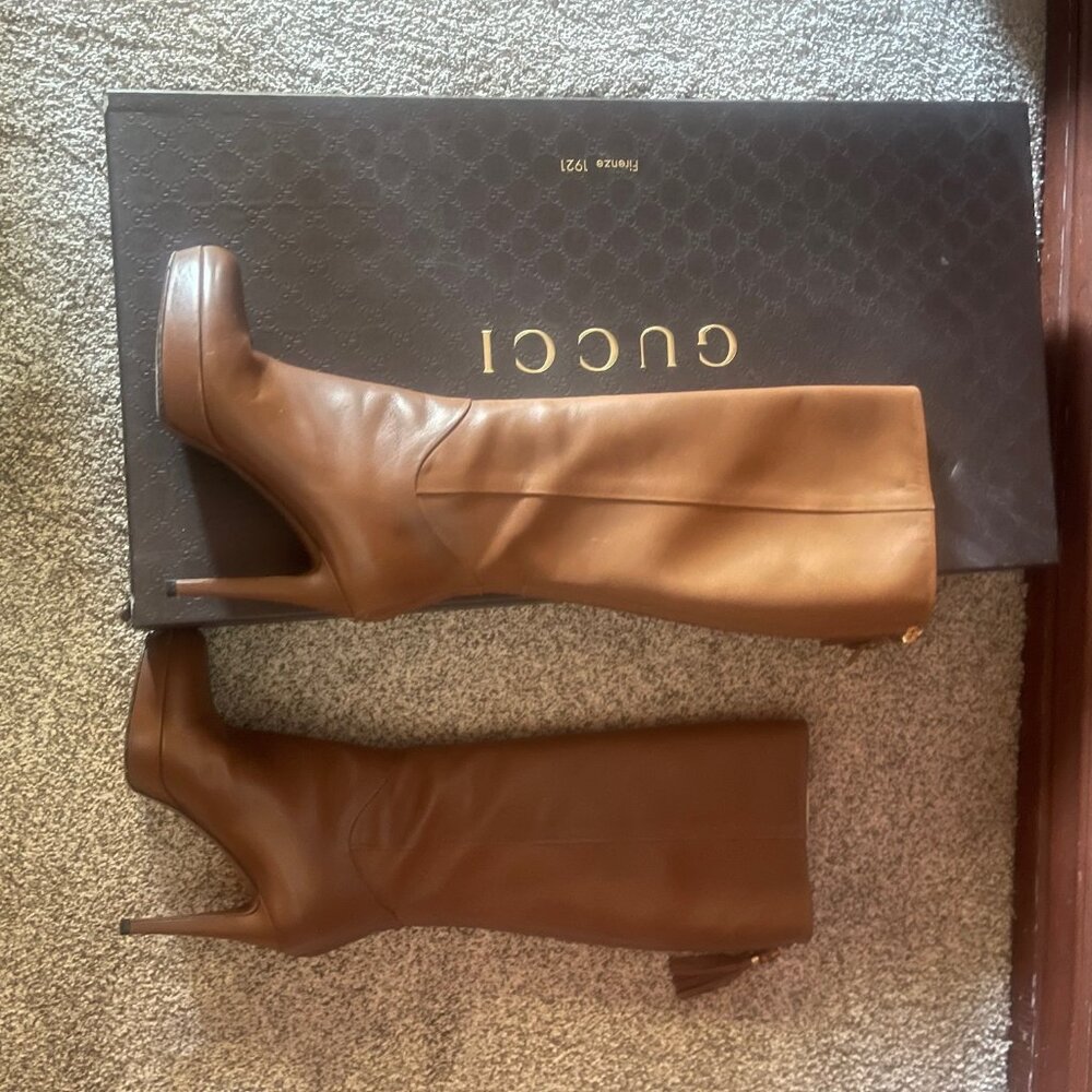Gucci Bamboo Betty Brown Leather Tall Boots 36.5 Knee High Heeled